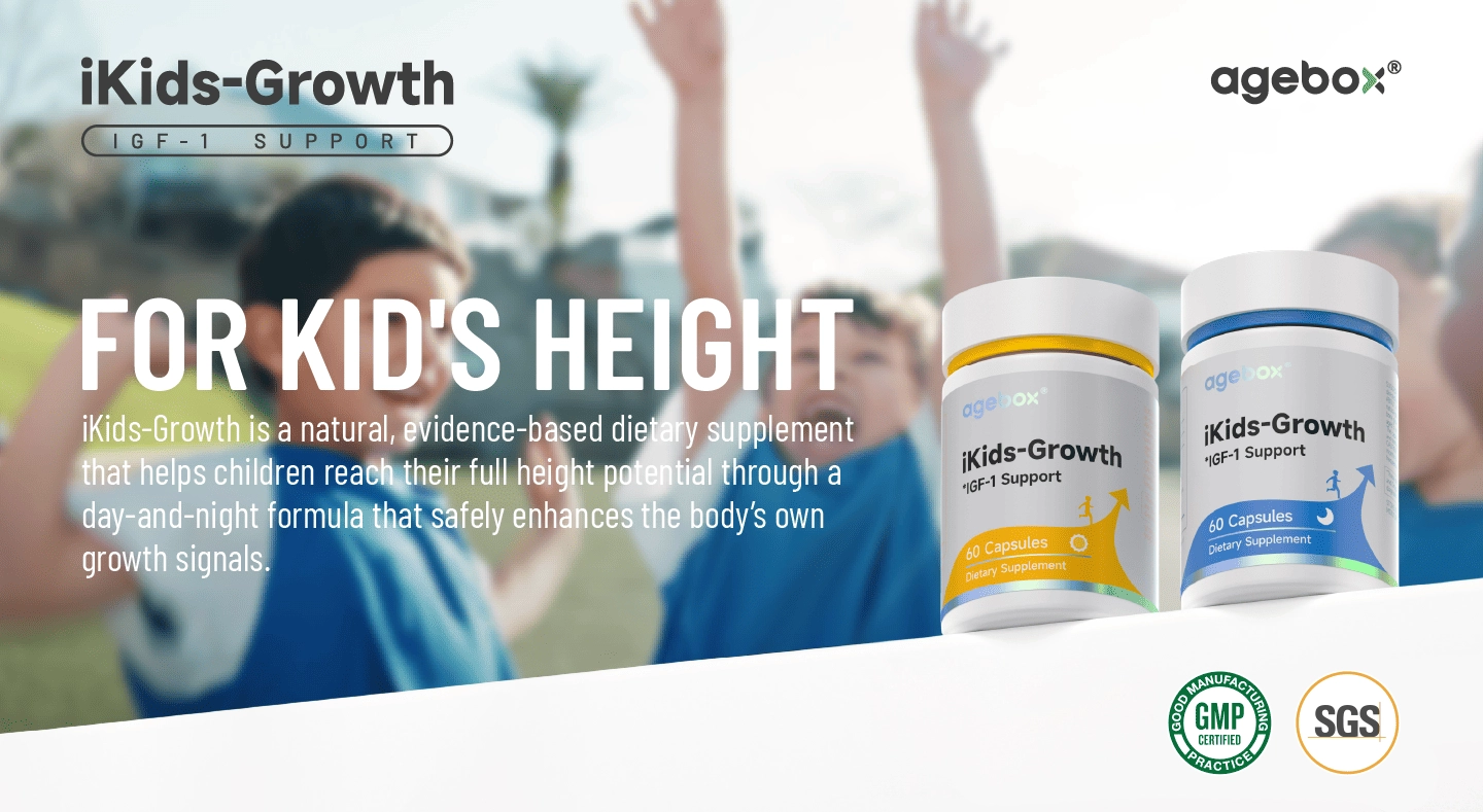 A safe, evidence-based growth supplement for children, agebox iKids-Growth, shown with images of healthy, active kids. This Day & Night formula is made in a GMP certified, FDA Registered facility.