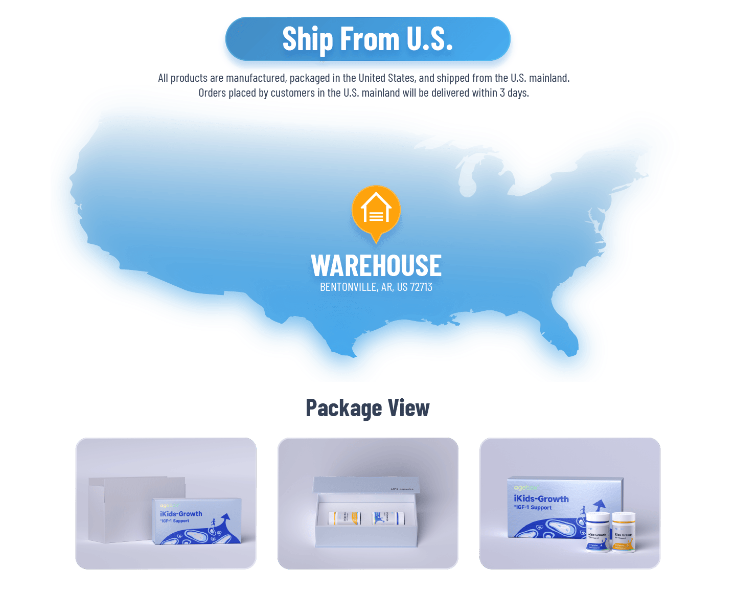 iKids-Growth supplements are made in the USA and ship from our U.S. warehouse for fast, 3-day delivery. The image shows our fulfillment center location and the secure product packaging customers will receive.