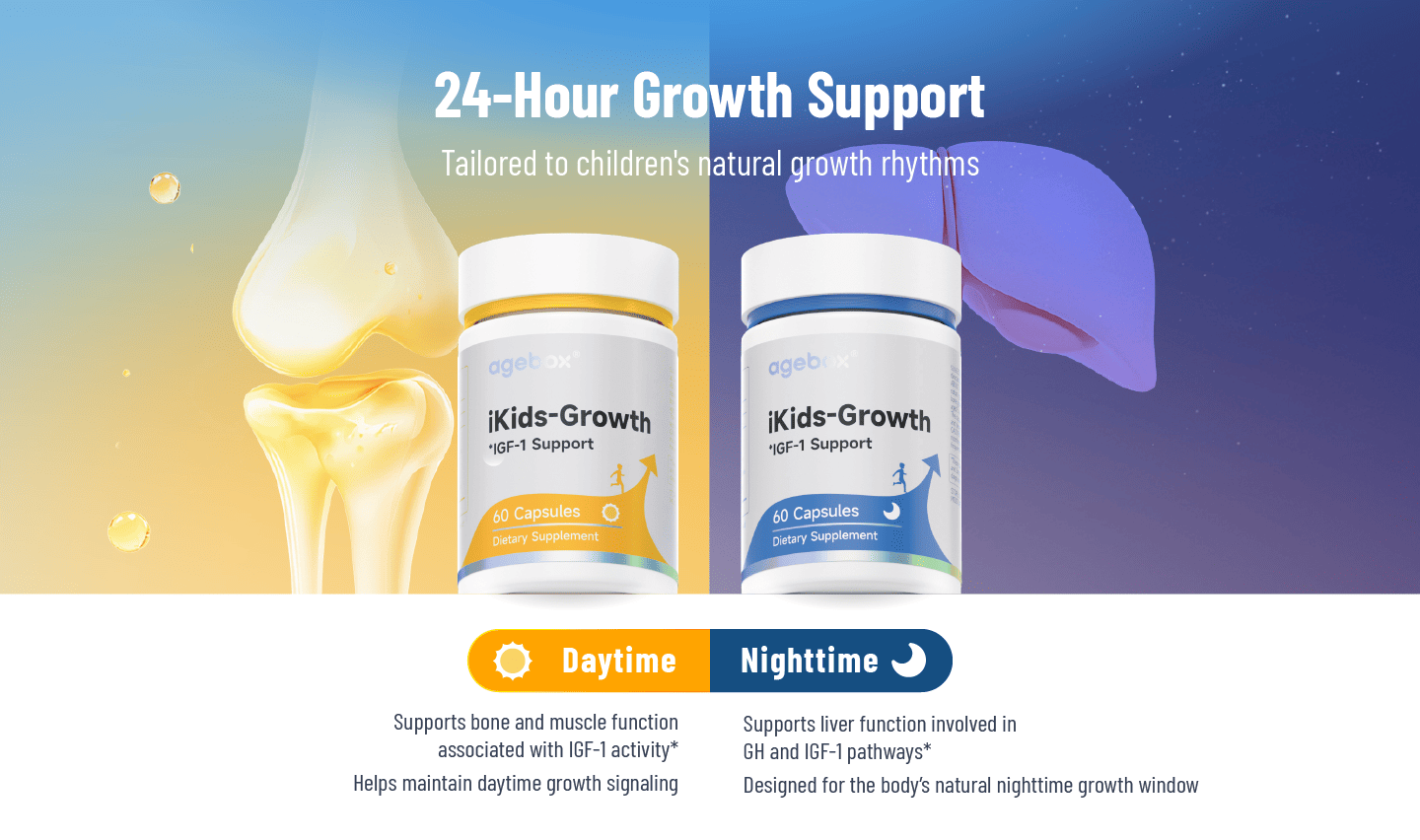 The Day & Night formula of agebox iKids-Growth provides 24-Hour Growth Support. The Daytime bottle supports bone and muscle, while the Nighttime bottle supports liver function and the body's natural nighttime growth window.