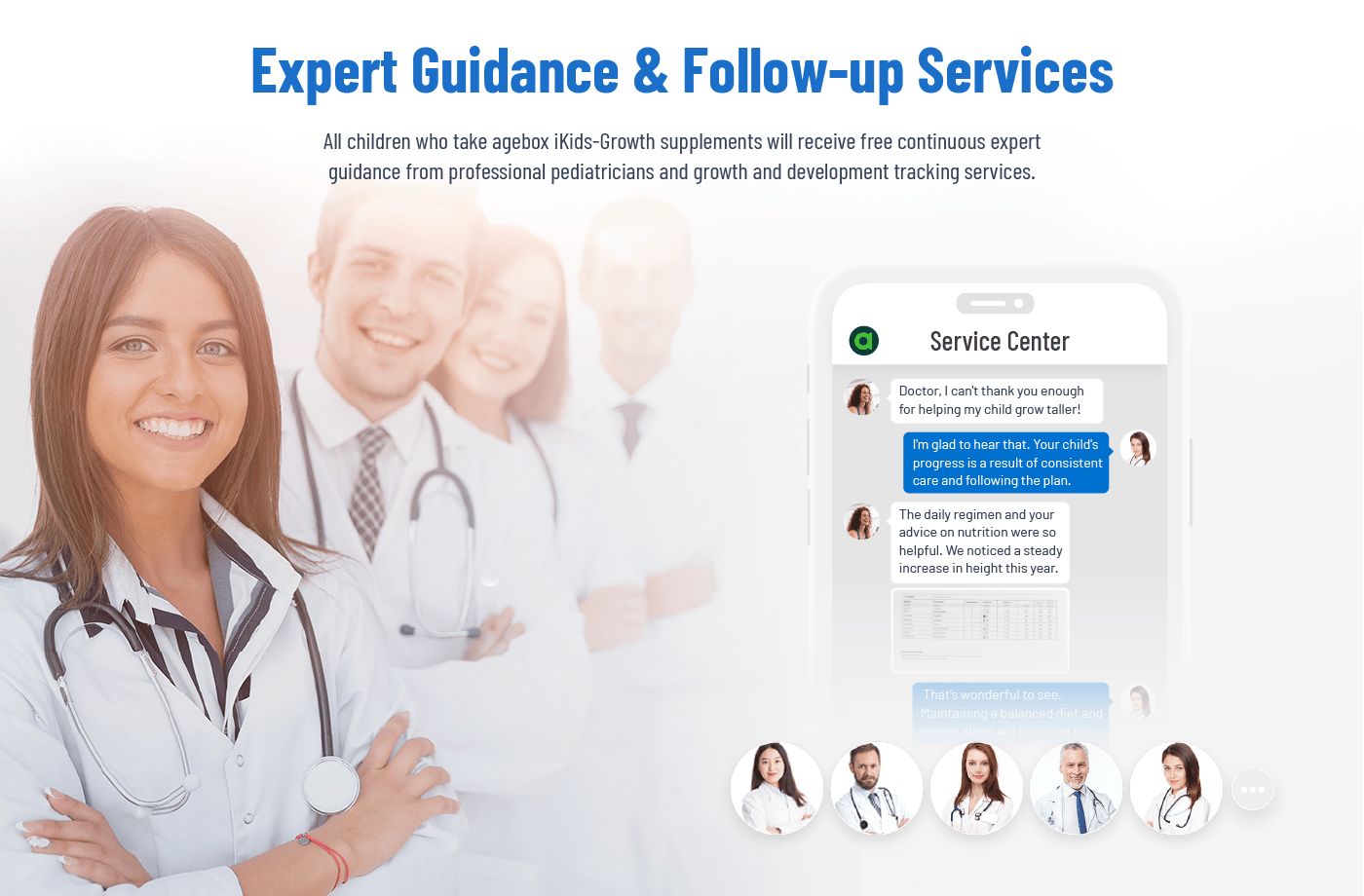 All children taking agebox iKids-Growth receive free continuous expert guidance. The image shows a team of pediatricians and the dedicated online service center for growth and development tracking.