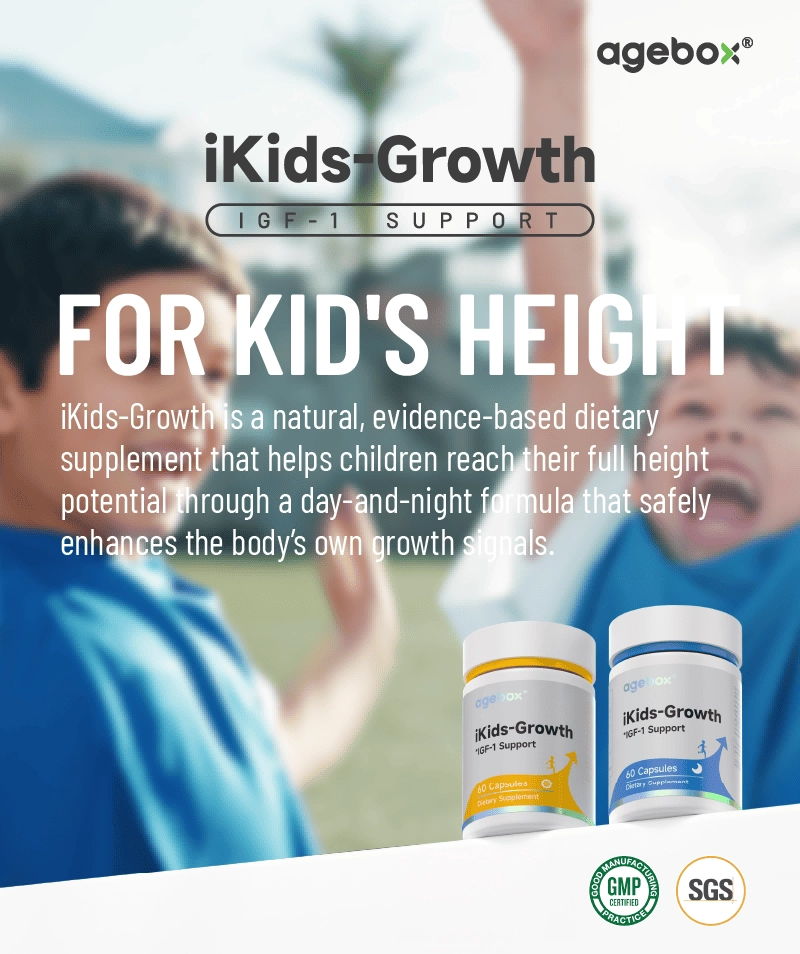 A safe and evidence-based growth supplement for children, agebox iKids-Growth. This Day & Night formula provides natural growth factor support and is certified by GMP, SGS, and made in an FDA Registered Facility.
