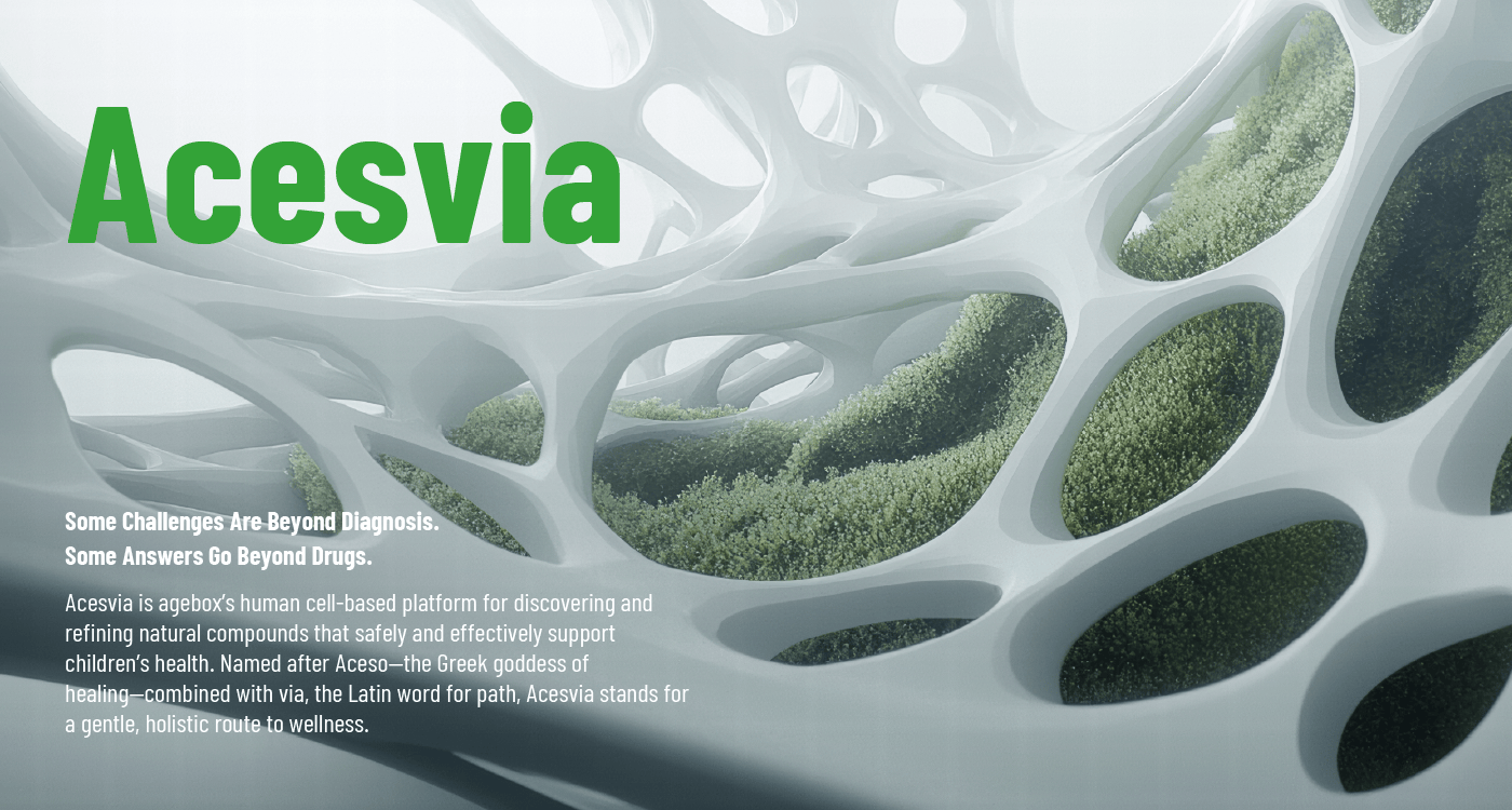 An image introducing the Acesvia platform, with an abstract visual of natural green foliage inside a scientific white structure. The text explains that Acesvia, named after the Greek goddess of healing Aceso, is agebox's human cell-based platform for a holistic route to children's wellness.